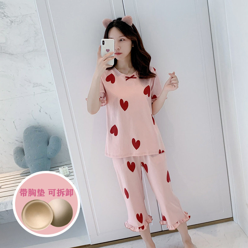 Pajamas with chest pad women's summer short-sleeved cropped pants pure cotton loose cute girl students can wear home service suits
