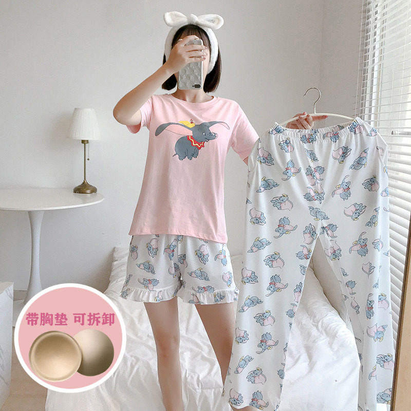 INS Dumbo cartoon cotton short-sleeved pajamas with chest pad female summer cute student shorts home service suit
