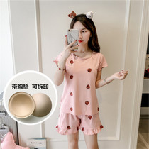 Korean version of cotton short-sleeved shorts cute strawberry print with chest pad womens pajamas set sweet cartoon home wear summer