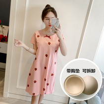 Korean version of cotton cartoon cute short sleeve with chest pad nightgown loose casual no bra pajamas female home clothes summer
