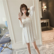 South Koreas new ice Silk milk silk suspenders nightgown two sets with chest pads female summer pajamas sweet home wear