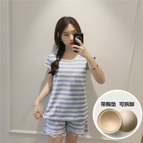 Summer cotton soft short-sleeved shorts with chest pads ladies pajamas set loose casual no-wear bra home clothes