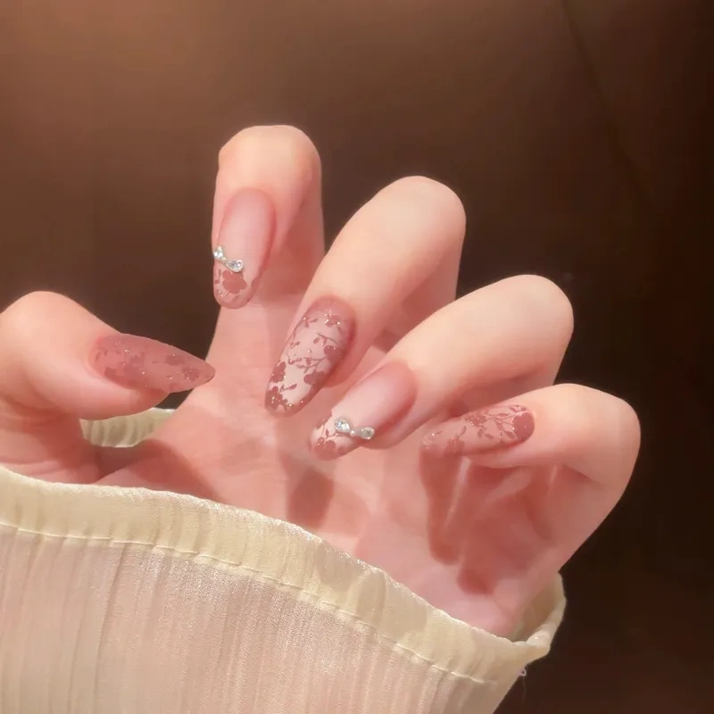 Tang Palace Style · Handmade Wearable Nails Velvet Pink Flower Palace Style National Style Premium Finished Nail Art Stickers Tang Palace Style · Handmade Wearable Nails Velvet Pink Flower Palace Style National Style Premium Finished Nail Art Stickers