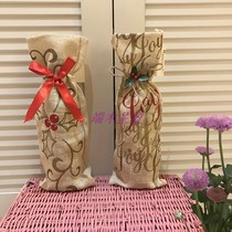 Christmas Christmas Eve vintage linen silk screen printing drawstring rope wine bottle coat Champagne wine set