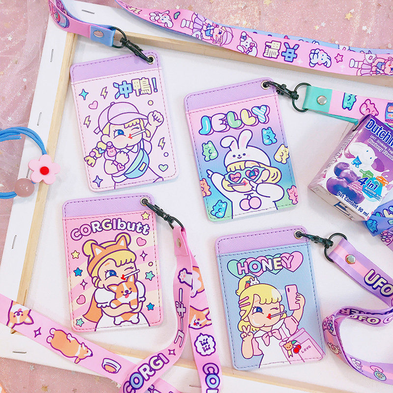 Korean version of the small fresh cartoon cute student hanging neck card set Traffic access control card bag rice card protection card cover with lanyard