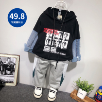 Boy hooded sweater 2020 spring and autumn new childrens stitching hooded sweater black thin section Korean version of the Western style hoodie