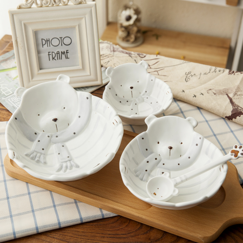 The great bear handmade children's cartoon ceramic tableware set underglaze color bowl set three-piece set