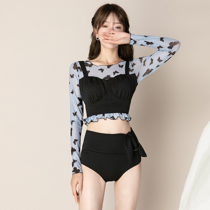 Mu wave swimsuit 2021 new female summer two-piece swimsuit ins ins long sleeve thin Belly Belly round neck conservative small chest