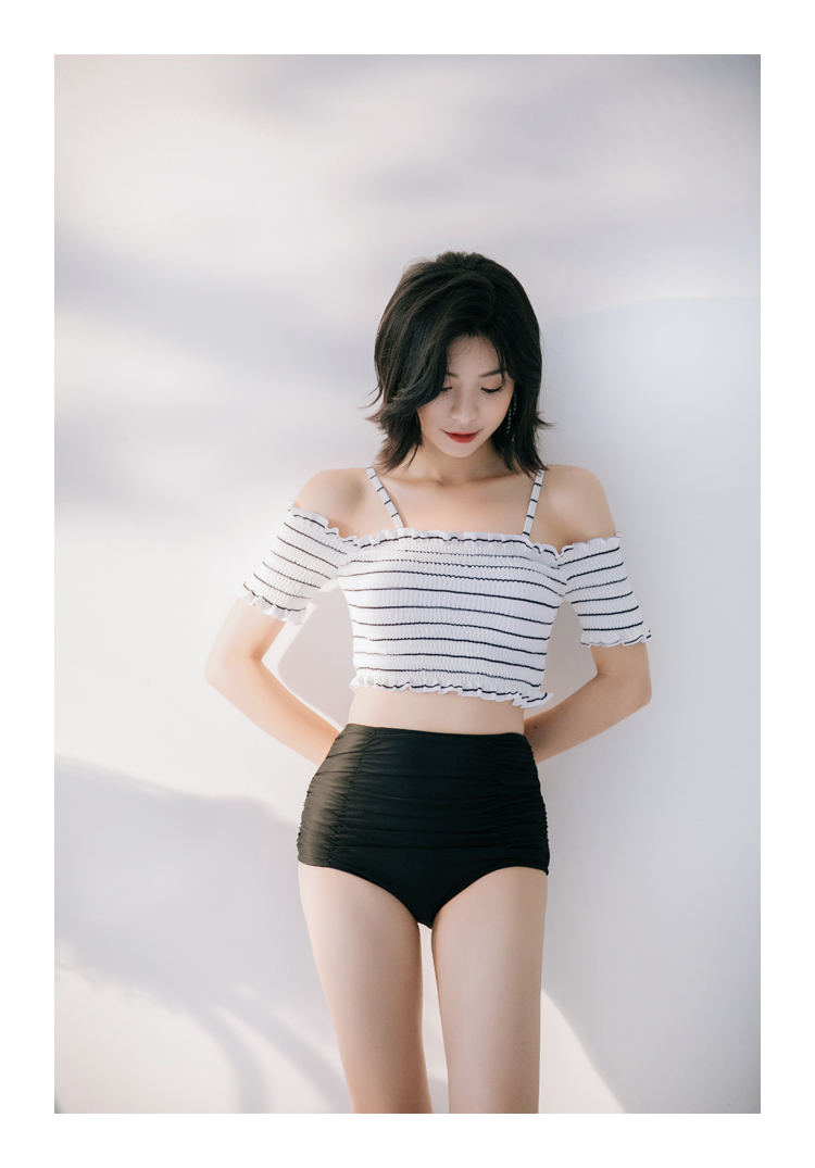 Áo tắm Hàn Quốc nữ bảo thủ chia nhỏ nước hoa tay áo ngắn eo cao là sinh viên mỏng bong bóng mùa xuân nóng bỏng vai áo tắm áo tắm 2 mảnh cạp cao