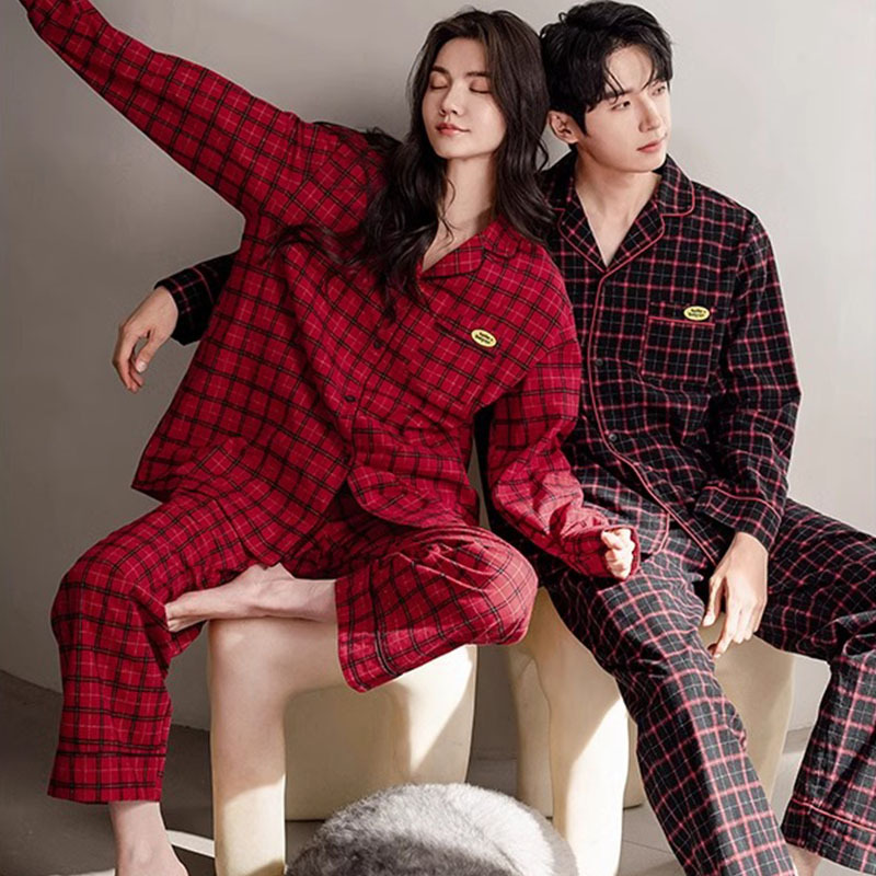 Victoria Couple Pajamas for Women 2026 Spring & Fall New Soft Cotton Long-Sleeved Home Clothes Plaid Men's Large Size Suit