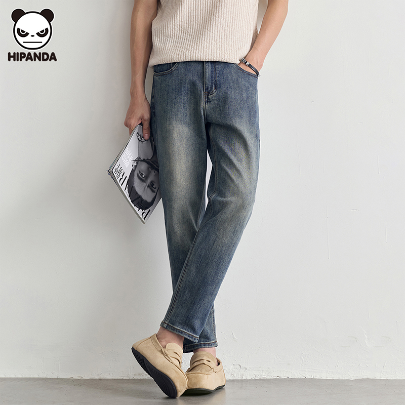 Hi Panda Men's Cropped Jeans 2026 New Summer Thin Straight Slim Casual Pants High-End Washed