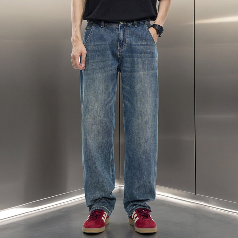 Trendy American-Style Casual Straight-Leg Loose Stretch Washed New Tang Vintage Blue Jeans 2026 New Men's High-End Fashion