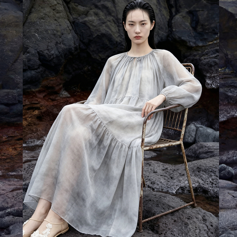 26 Summer Tuck-Style Loose-Fitting Artistic and Elegant Long Dress with a Large Hem, Ruched Long Skirt, Fairy-Like
