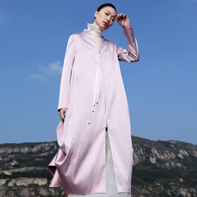 Thiết kế ban đầu của phụ nữ 21 mùa thu Thời trang mới mỏng cổ chữ V dài trên đầu gối Áo khoác trễ vai - Trench Coat