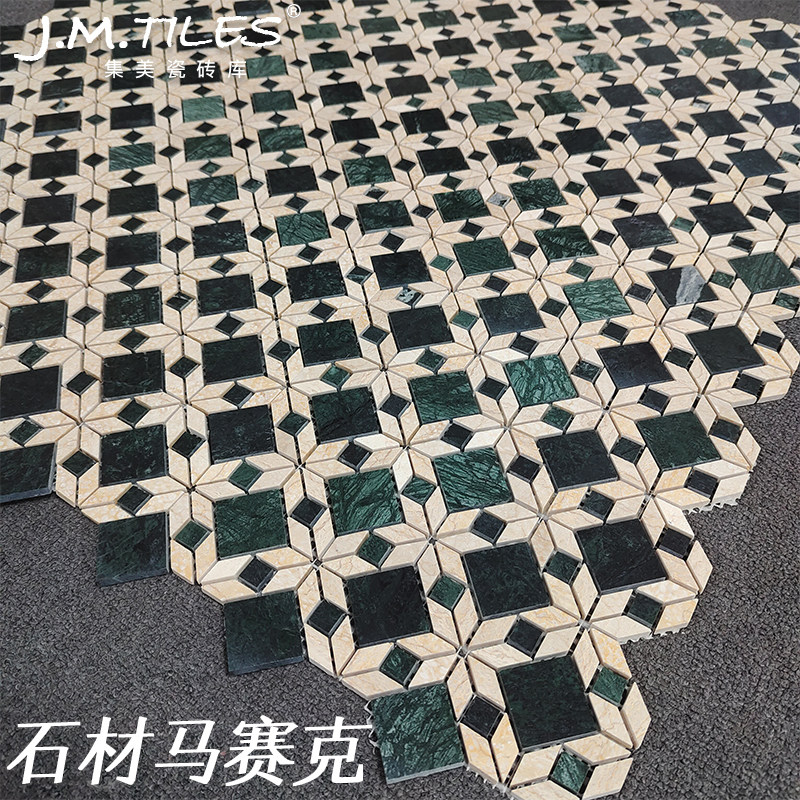 Retro dark green marble mosaic homestay bathroom balcony Hong Kong style non-slip floor tiles