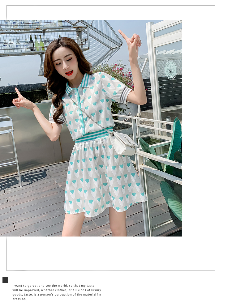 VK旗艦店 韓系愛心印花條紋洋氣時尚顯瘦套裝短袖裙裝