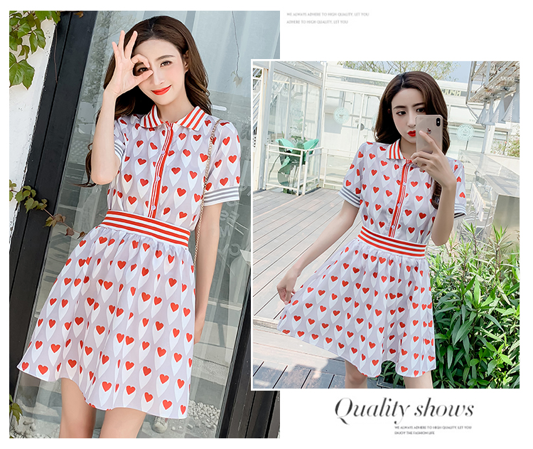 VK旗艦店 韓系愛心印花條紋洋氣時尚顯瘦套裝短袖裙裝