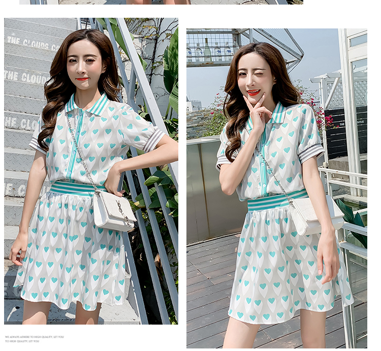 VK旗艦店 韓系愛心印花條紋洋氣時尚顯瘦套裝短袖裙裝