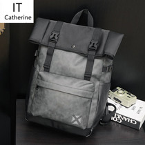 Hong Kong 2022 new grey double shoulder bag Japanese back pocket Korean version genuine leather man bag retro backpack computer bag bag