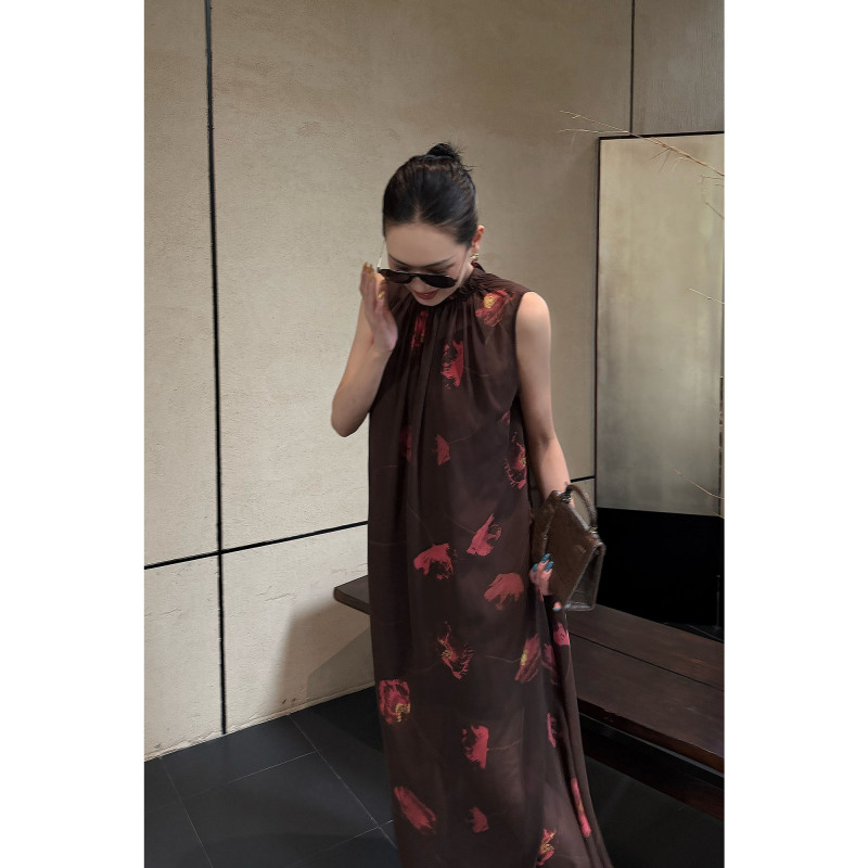 Ame Hibiscus Flower Spring/Summer Resort Island Textured Hibiscus Red Smoothie Ankle Dress Sleeveless Off-Shoulder Women's Long Dress