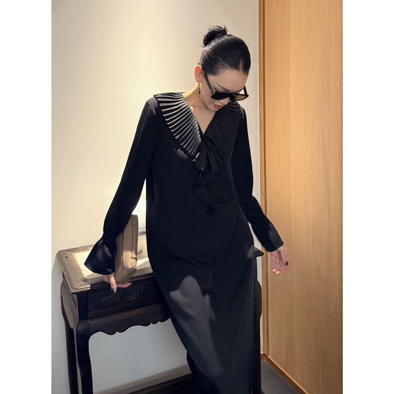 Purple Miu Series Lapel Dress, Sustainable and Elegant Wide-Hemmed Heavy-Duty Pleated Babydoll Dress, Long Dress