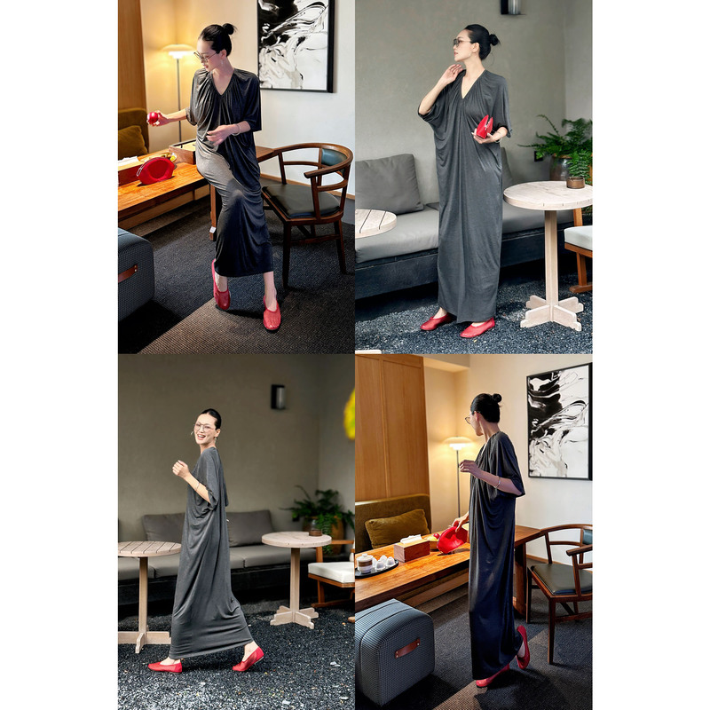 Ame V-Neck Robe, Minimalist Aesthetic Lightweight Drapey V-Neck Robe-Style Dress with Mid-Sleeves, Black Versatile Casual Long Dress Ame V-Neck Robe, Minimalist Aesthetic Lightweight Drapey V-Neck Robe-Style Dress with Mid-Sleeves, Black Versatile Casual Long Dress
