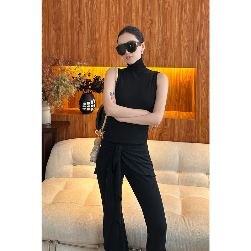 Ame Model Vest Sustainable Fashionable Lyocell Sleeveless High-Neck Fine Knit Vest Half-High Neck Off-Shoulder Top