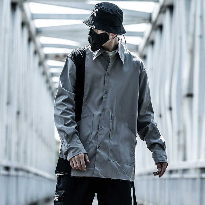 Xiaobin Tide Fall Shirt Man Outside Wearing Loose Tide Sign trendy splicing Coloured clothes Long sleeves Overalls Lining Clothing Tide