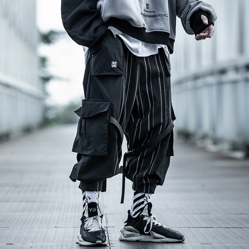Xiaobin Guo tide functional wind striped pants Men loose hip-hop tide brand streamers drawstring pants Large pocket overalls tide