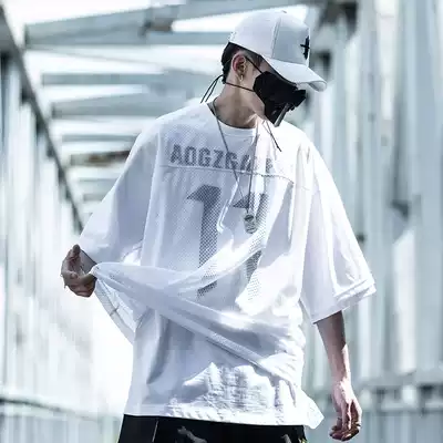 AOGZ national tide brand summer vacation two-piece short-sleeved T-shirt men's ice sense ice silk ins loose couple five-and-a-half-sleeved T-shirt