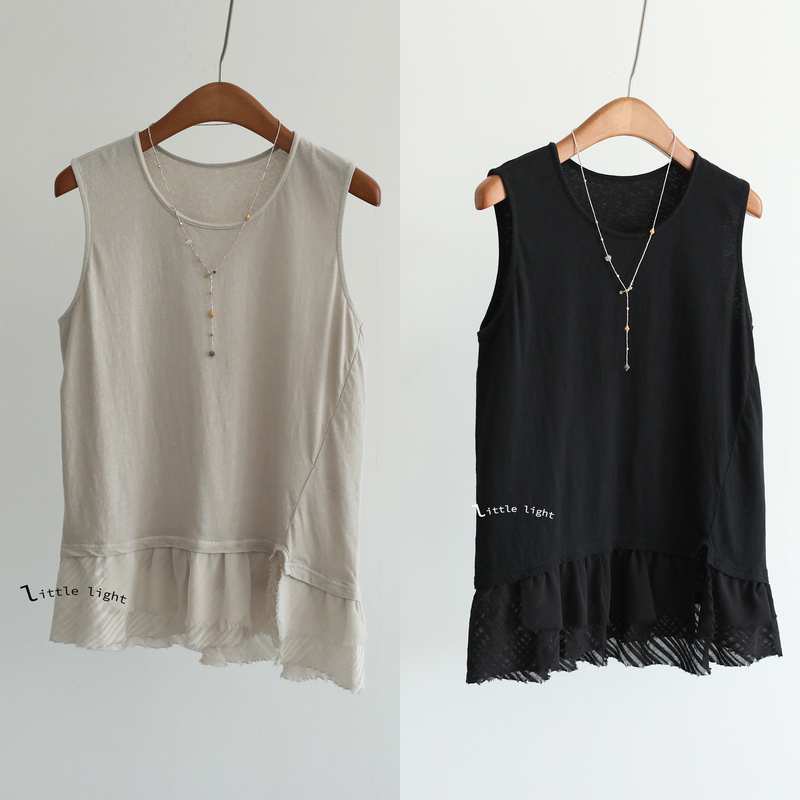 Pdc Pure Cotton Tear-Edge Patchwork Vest, a Layering Essential, Irregular Ruffle Sleeveless Top
