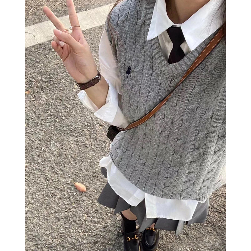 Classic Embroidered Vest Top "Raff Twist Series" Striped College-Style Layered Knit Vest Sleeveless