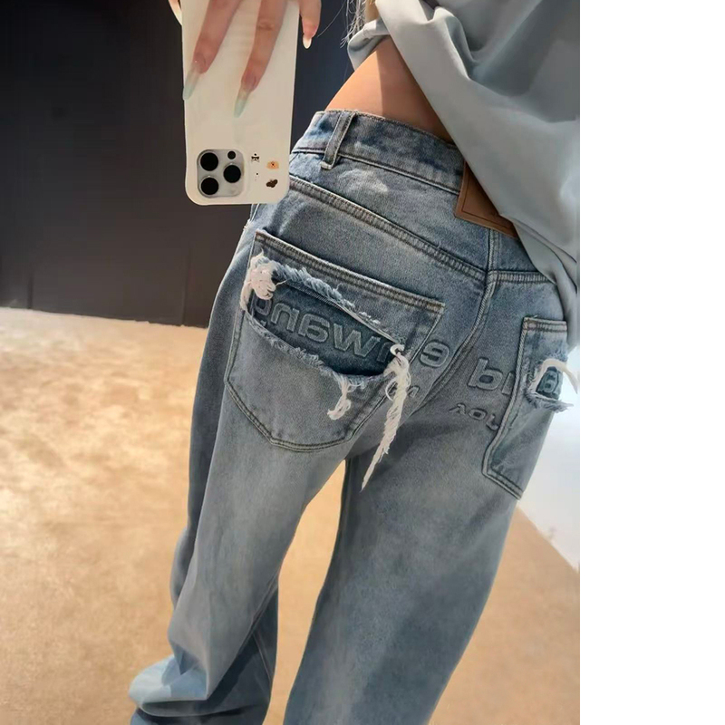 European Style Blue Denim Wide-Leg Pants with Lettering and Holes for Women, Loose Design, Trendy and Popular This Year
