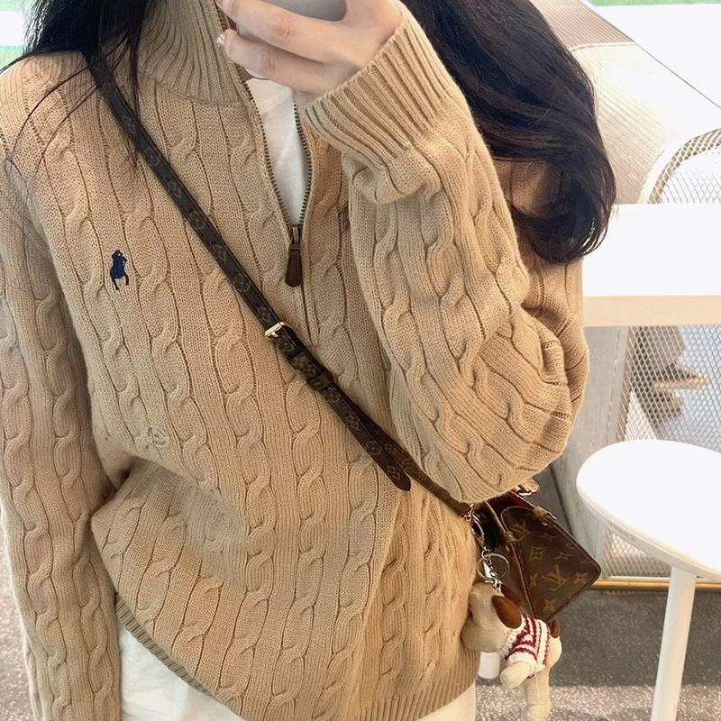 European Style Autumn New Cable Knit Soft Half-Zip Stand Collar Layered Knit Top