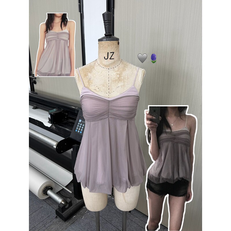 Xu Zhen's Korean-Style Slimming Ruched Off-Shoulder Camisole for Women, Summer Mesh Floral Bud Gentle Niche Design Top Xu Zhen's Korean-Style Slimming Ruched Off-Shoulder Camisole for Women, Summer Mesh Floral Bud Gentle Niche Design Top