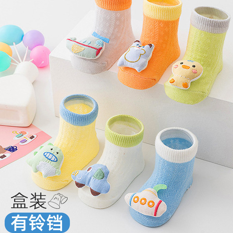 Summer Thin Baby Socks Boxed with Bell Doll Cotton Socks Mesh Breathable Newborn Male and Female Baby Socks