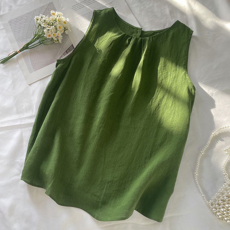 Japanese Retro Green Linen Vest for Women 2026 Summer Versatile Casual Loose Slimming Round Neck Cotton Linen Sleeveless Top