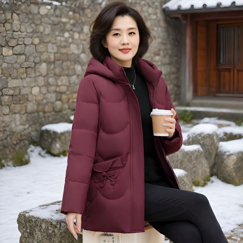 Authentic New Fashion down Jacket for Moms, Stain-Resistant 2026 New Model, Detachable Hood, Thick Style, Warm Duck down Coat for Middle-Aged Women