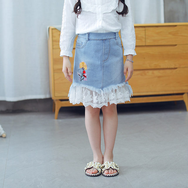 Lace denim skirt spliced ​​​​mesh skirt high waist short skirt girls summer new children's clothes Korean version a-line skirt