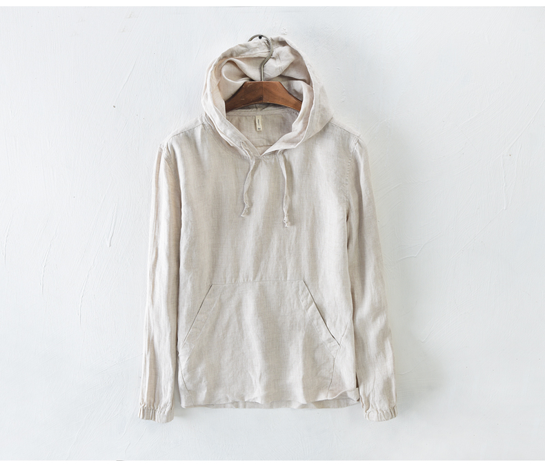 Trung quốc phong cách mùa hè tinh khiết linen dài tay T-Shirt nam lỏng trùm đầu linen rắn màu áo len phần mỏng quần áo chống nắng áo phông unisex