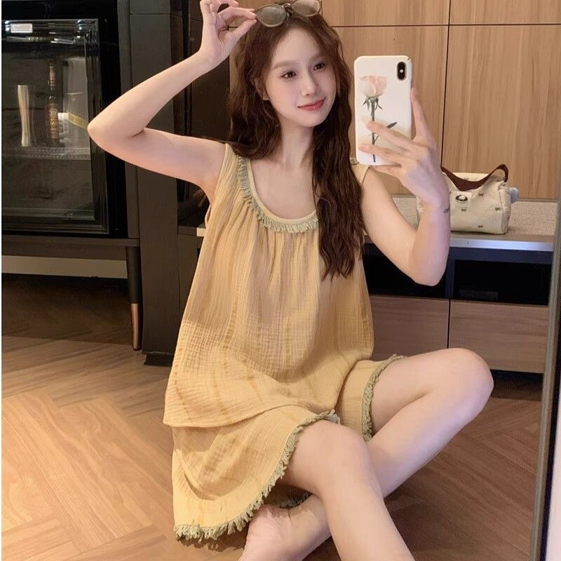 2025 New French-Style Solid Color Pajamas for Women, Summer Thin Vest, Fashionable and High-End, Plus-Size Loungewear Two-Piece Set 2025 New French-Style Solid Color Pajamas for Women, Summer Thin Vest, Fashionable and High-End, Plus-Size Loungewear Two-Piece Set