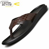 German camel dynamic mens cool slippers summer genuine leather herringbone drag male outside wearing non-slip soft bottom waterproof beach shoes