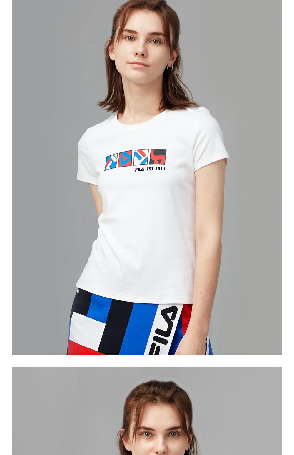 Áo thun ngắn tay của phụ nữ Fila Fila chính thức 2019 mùa thu mới Flocking thể thao giản dị đan áo sơ mi ngắn tay - Áo phông thể thao áo top tank