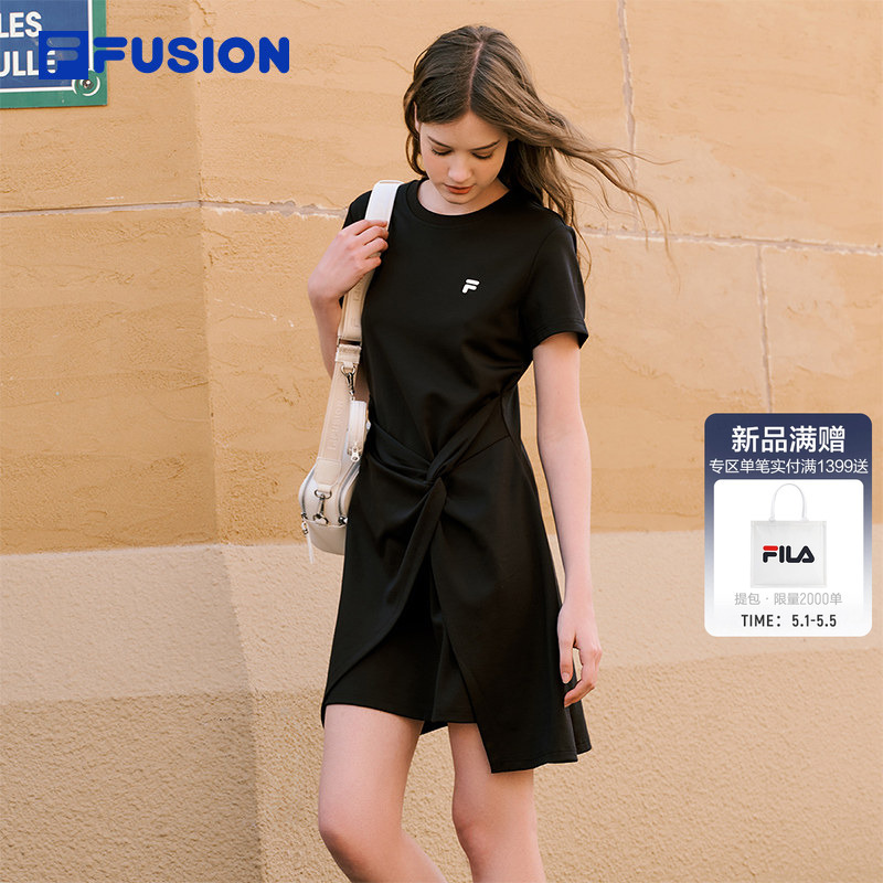 Fila Fusion Women's Trendy Knit Dress 2026 Spring New Irregular Hem T-Shirt Dress