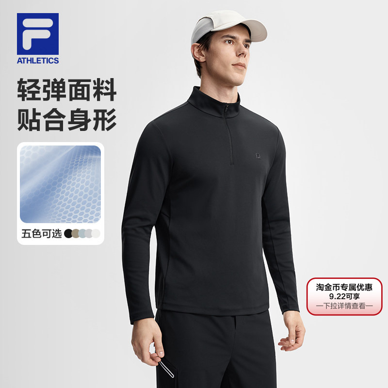 Fila Sports Fitness Long-Sleeved T-Shirt 2026 Autumn Men's Half-Zip Black Knitted Casual Top Fila Sports Fitness Long-Sleeved T-Shirt 2026 Autumn Men's Half-Zip Black Knitted Casual Top