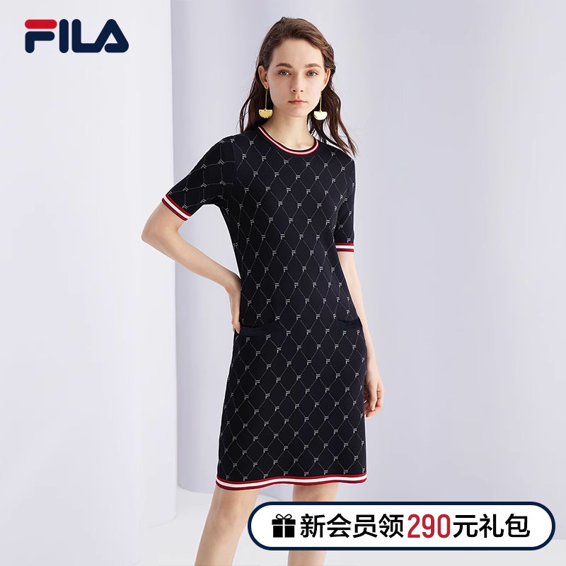 FILA File Official Women's Old Flowers Full Print Dress 2023 Autumn New Fashion Minimalist Short Sleeve Woven Dress-Taobao