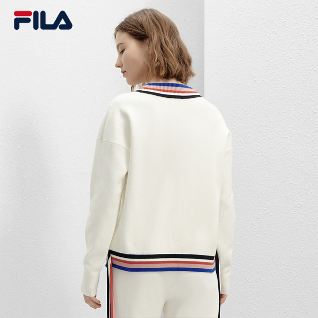 Sweater Knitted Women's Official FILA 2024 Spring New Hem Tassel Comfortable V-Neck Sweater