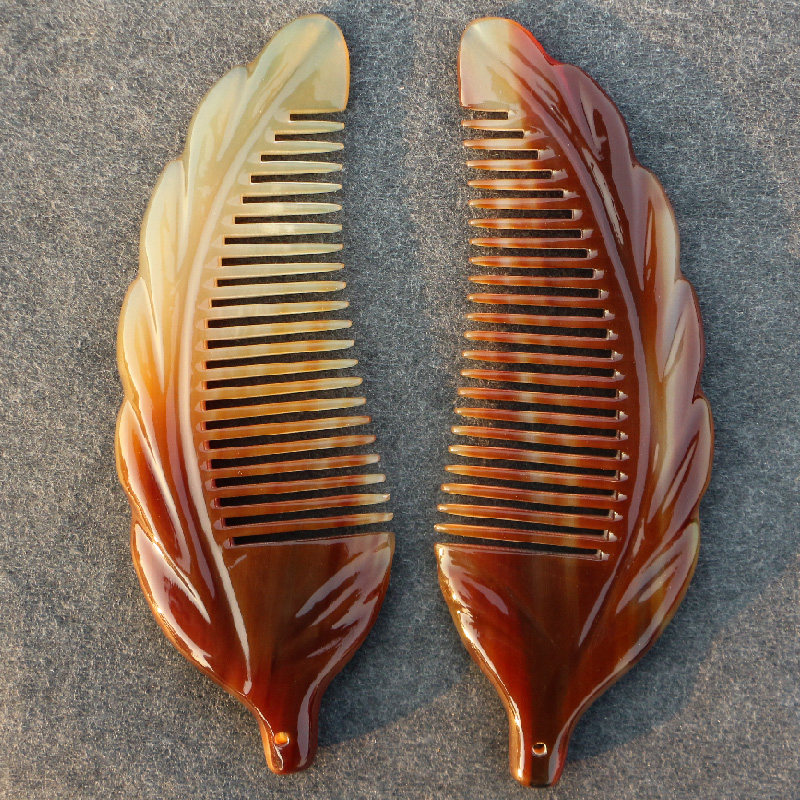 Natural white bull angle massage comb art carving big leaves comb straight hair dense tooth comb anti - static large