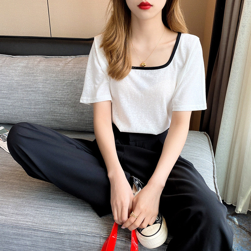 Retro French style square collar T-shirt female loose short sleeves 2022 New online red ins Chains Chains with short pure color blouses