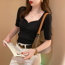 High waist short T-shirt female short sleeve 2022 New net red ins Chains Chaochio Tight Collarbone Knitted Square Collar Blouse